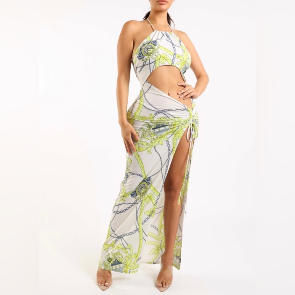 White Combo Printed Halter Cutout Ruched Bodycon Maxi Dress